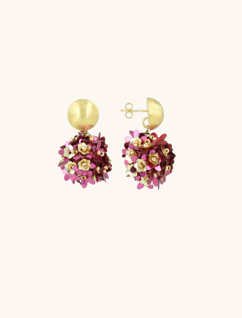 Fuchsia Gold Sequin Flower Globe Earrings S