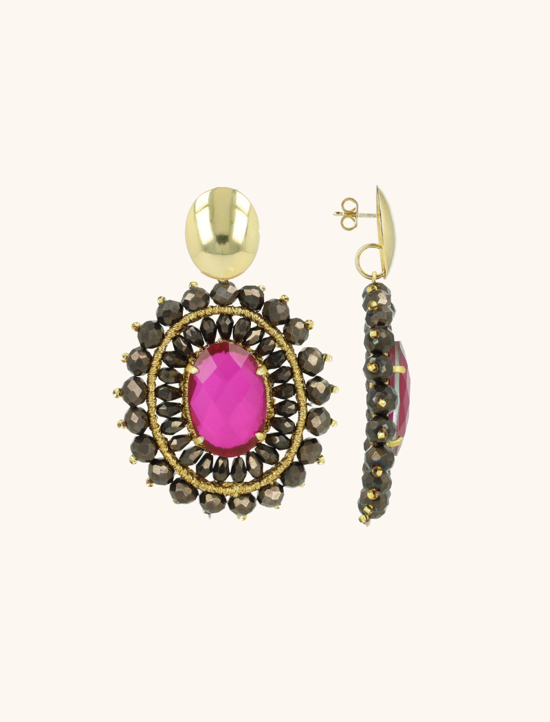 Metallic Brown Fuchsia Earrings Roxx Oval Crystal Double Quartz L