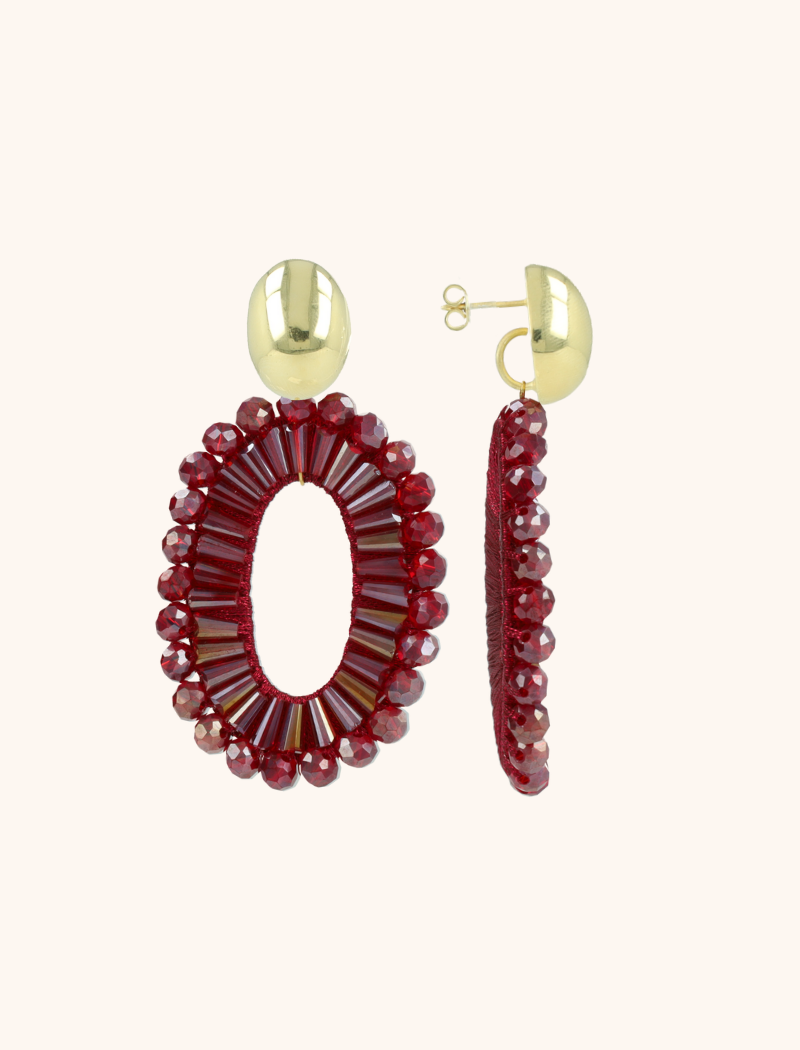 Red Wine Oorbellen Ann-Mary Open Ovaal Double Beads