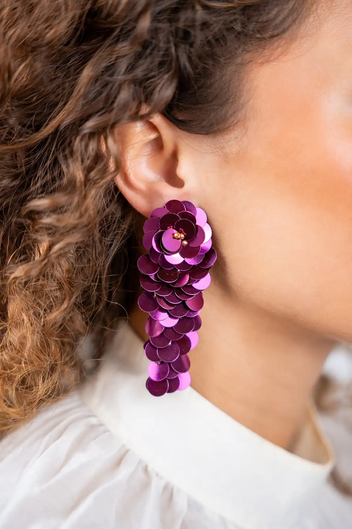 Dark Violet Sequin Earrings Waterfall L