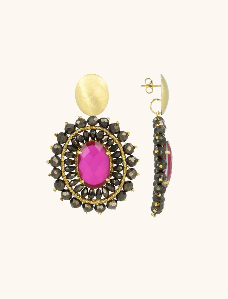 Metallic Brown Fuchsia Earrings Roxx Oval Crystal Double Quartz L