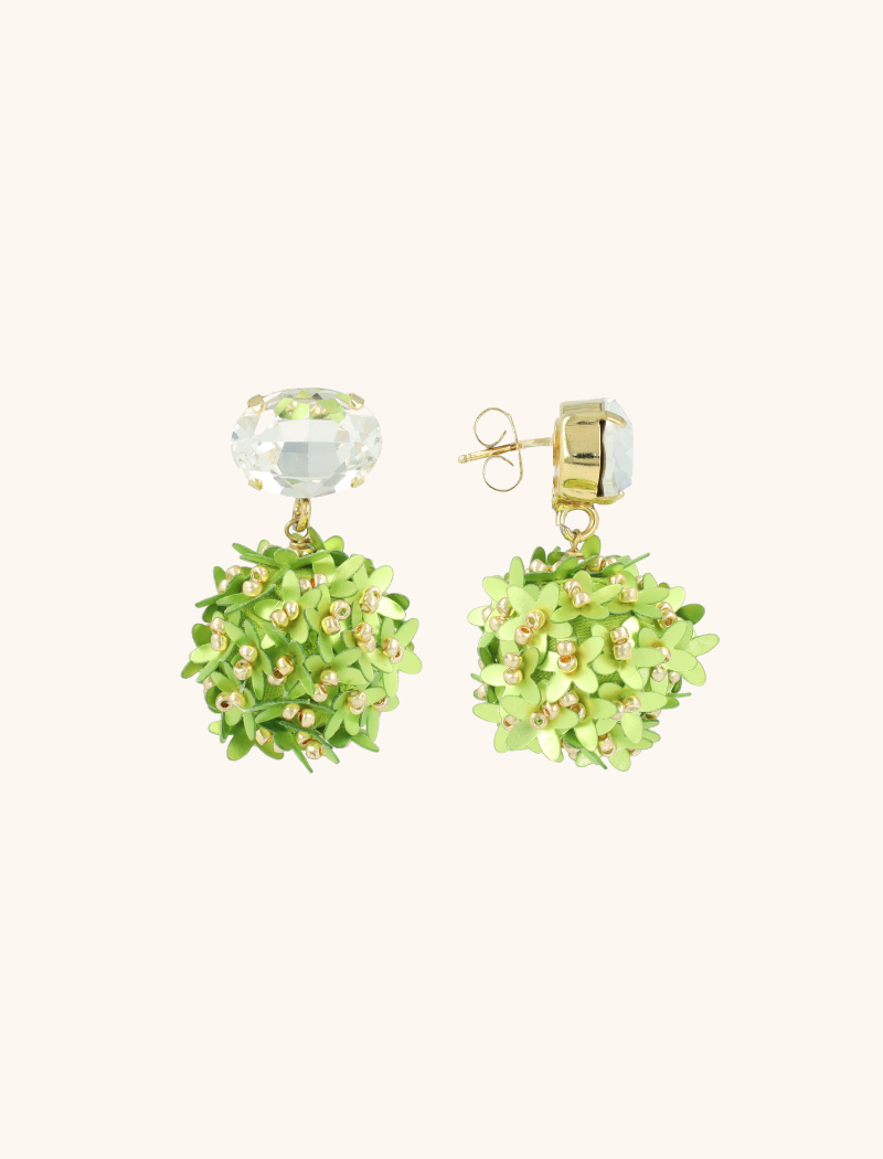 Lime earrings Daisy flower globe M rhinestone crystal