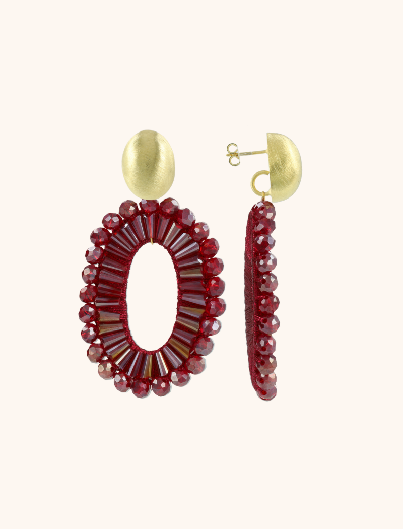 Red Wine Oorbellen Ann-Mary Open Ovaal Double Beads