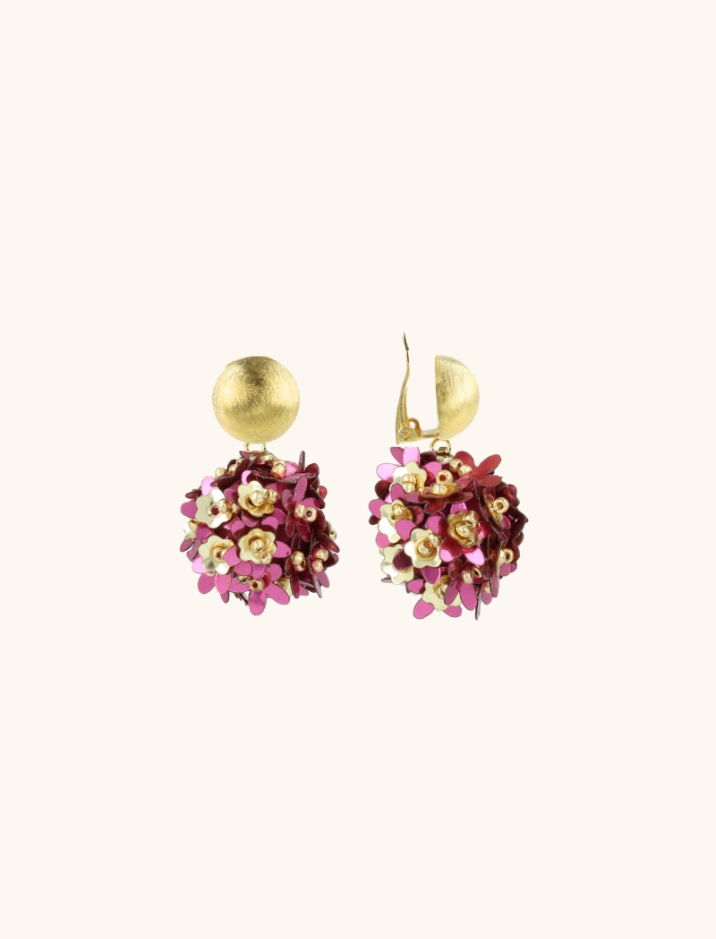 Fuchsia Gouden Sequin Flower Globe Oorbellen S Clip