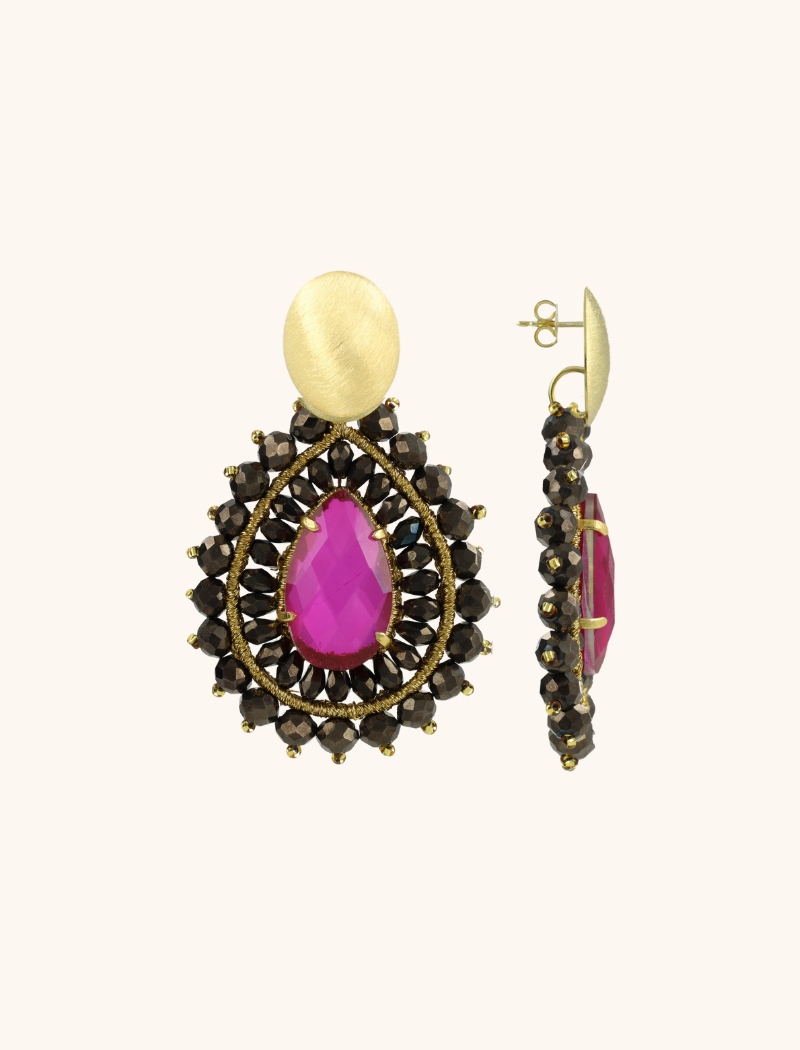 Metallic Brown Fuchsia Earrings Berber Double Quartz Crystal Drop L