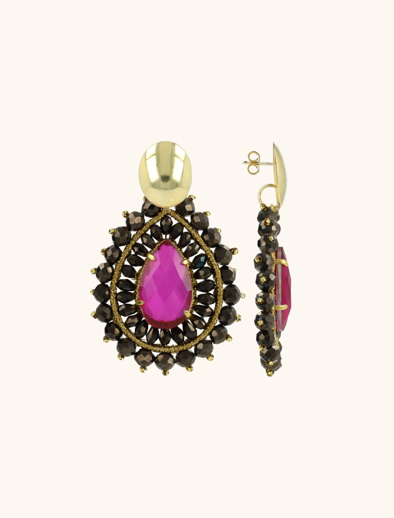 Metallic Bruine Fuchsia Oorbellen Berber Double Quartz Crystal Drop L