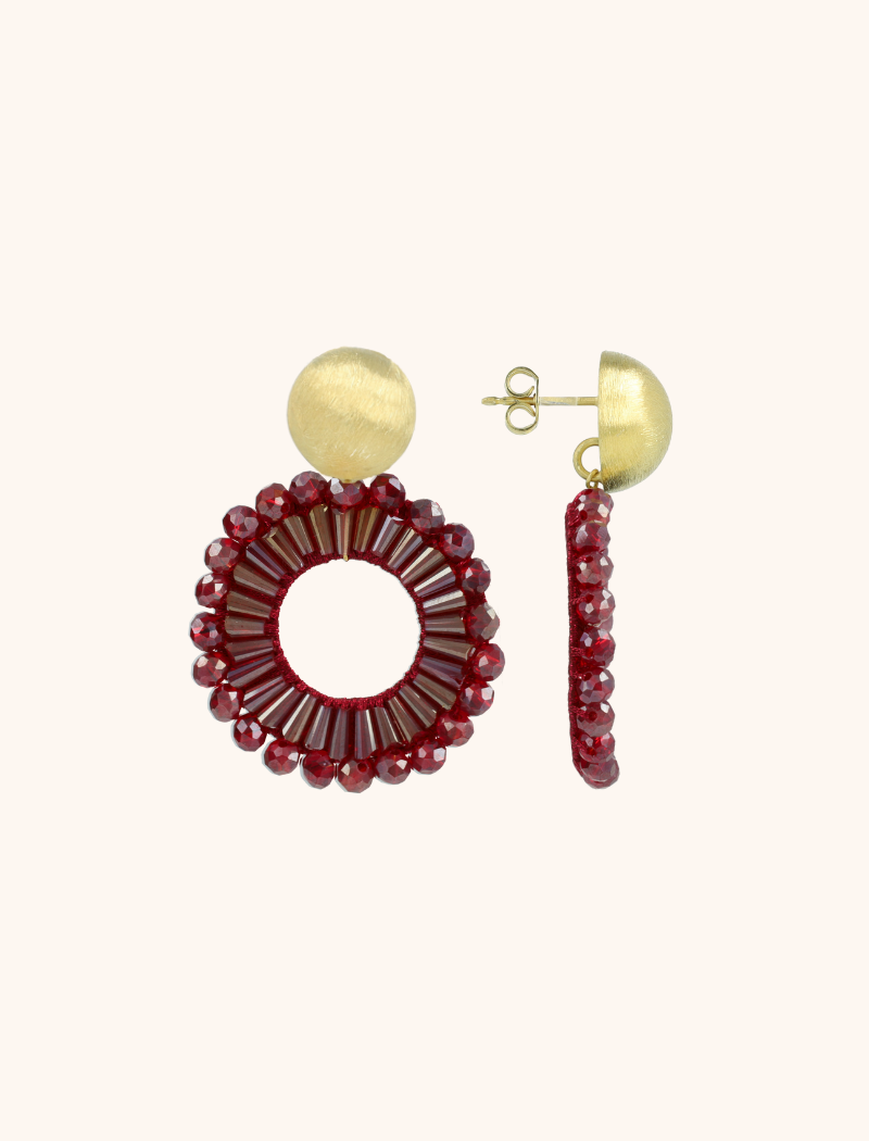 Red Wine Oorbellen Ann-Mary Open Cirkel Double Beads