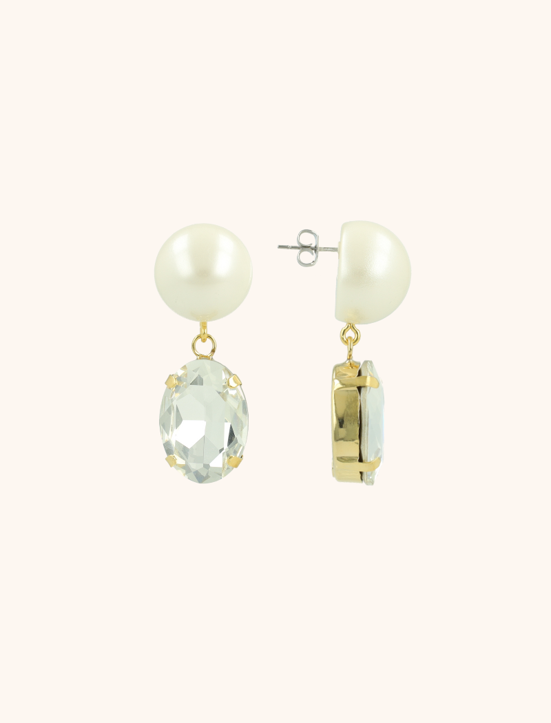 Round Crystal Pearl Earrings Element Oval L