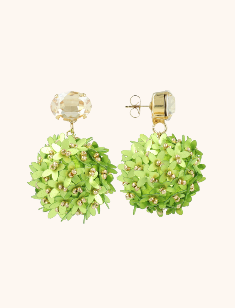 Lime Daisy flower globe L Rhinestone earrings